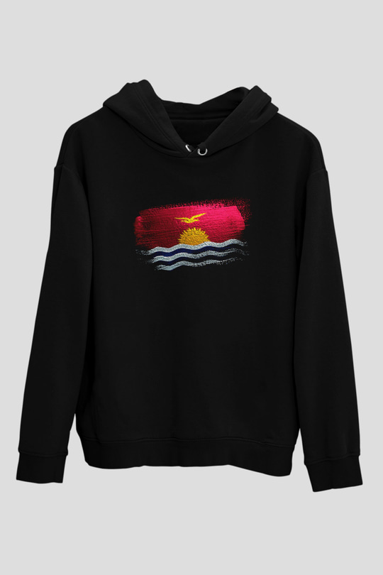 Kiribati Bayrağı Baskılı Unisex Siyah Kapüşonlu Sweatshirt