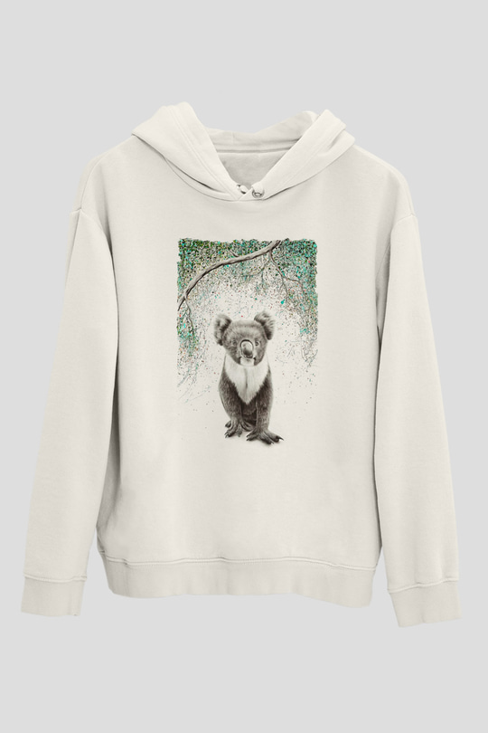 Koala Baskılı Beyaz Unisex Hoodie