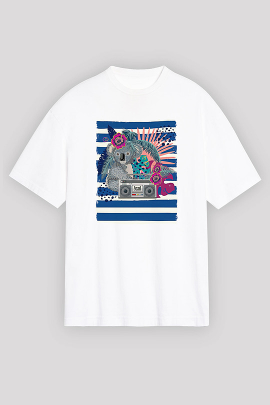 Koala Baskılı Beyaz Unisex Oversize Tişört - Tshirt