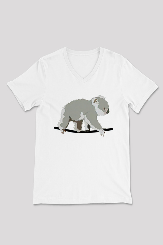 Koala Baskılı Beyaz Unisex V Yaka Tişört - Tshirt