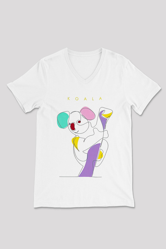 Koala Baskılı Beyaz Unisex V Yaka Tişört - Tshirt