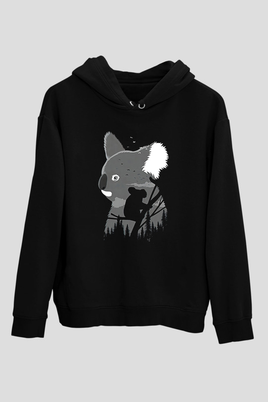 Koala Baskılı Unisex Siyah Hoodie