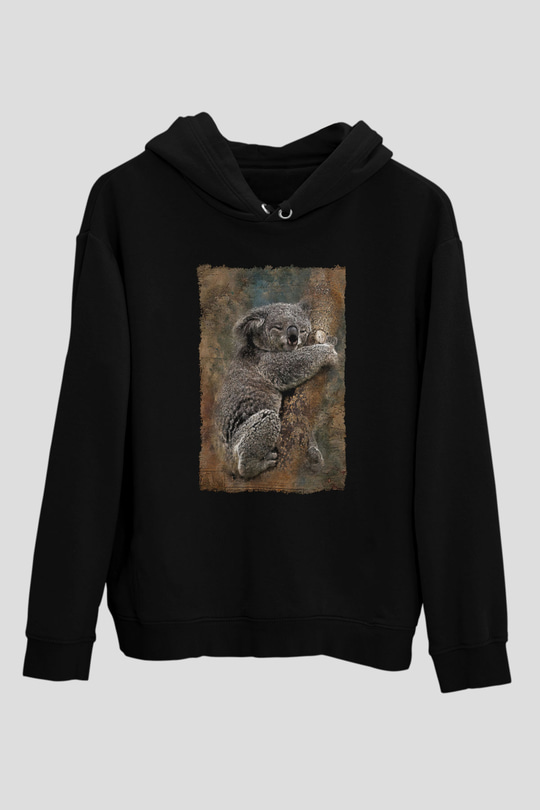 Koala Baskılı Unisex Siyah Hoodie