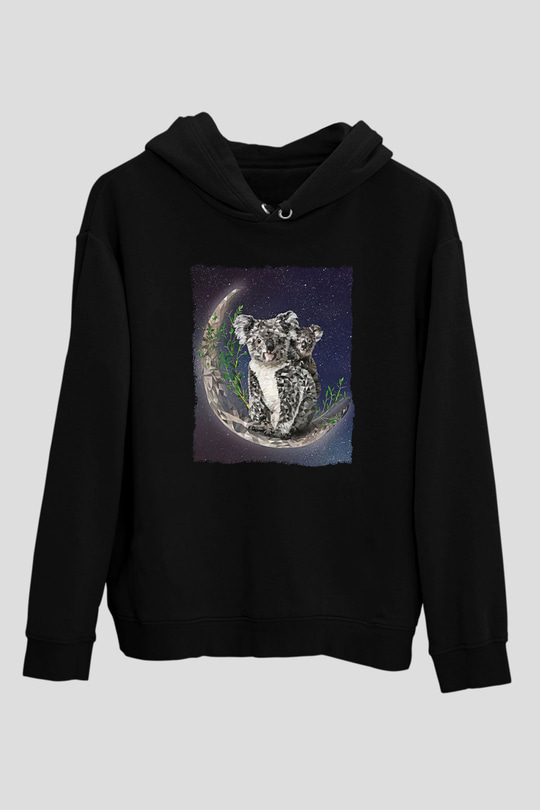 Koala Baskılı Unisex Siyah Hoodie