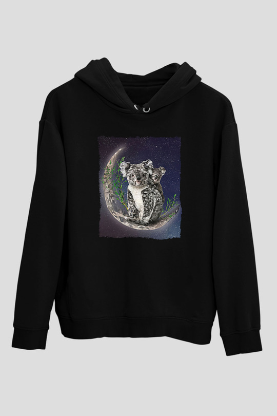 Koala Baskılı Unisex Siyah Hoodie