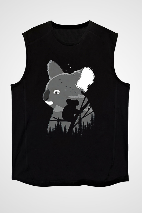 Koala Baskılı Unisex Siyah Kolsuz Tişört - Tshirt