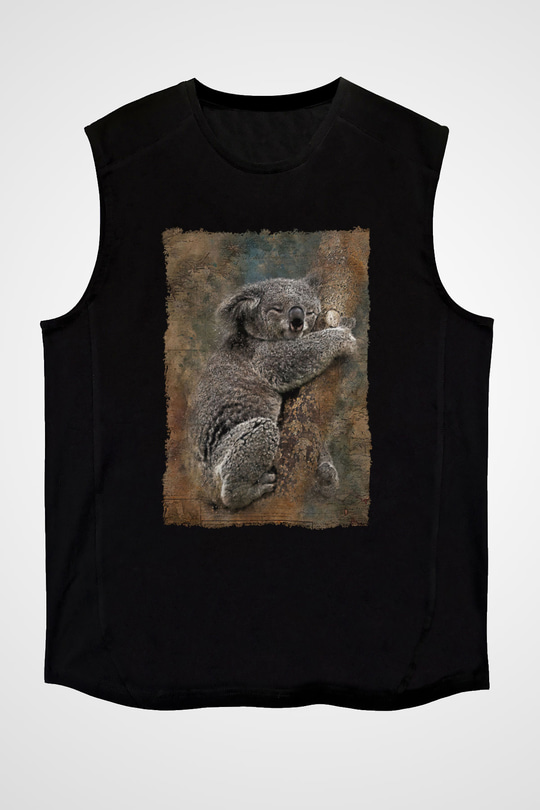 Koala Baskılı Unisex Siyah Kolsuz Tişört - Tshirt
