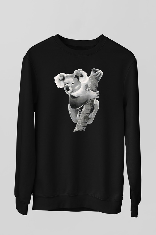 Koala Baskılı Unisex Siyah Sweatshirt