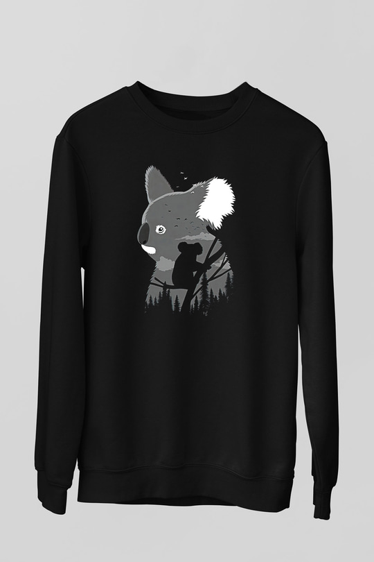 Koala Baskılı Unisex Siyah Sweatshirt