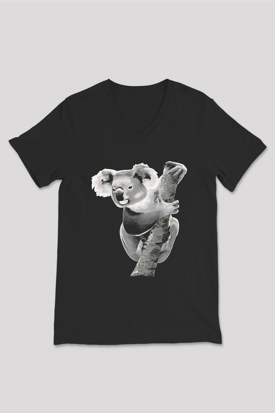 Koala Baskılı Unisex Siyah V Yaka Tişört - Tshirt
