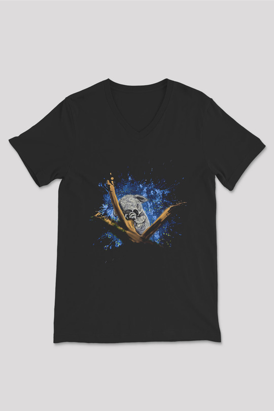 Koala Baskılı Unisex Siyah V Yaka Tişört - Tshirt