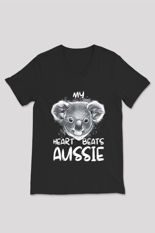 Koala Baskılı Unisex Siyah V Yaka Tişört - Tshirt