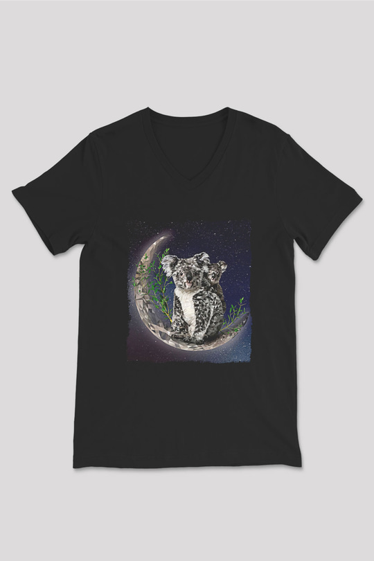 Koala Baskılı Unisex Siyah V Yaka Tişört - Tshirt
