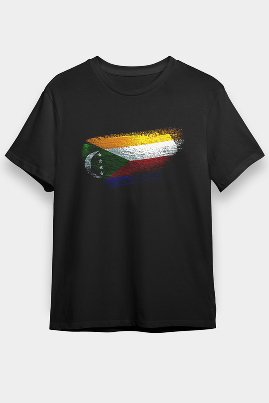 Komorlar - Comoros Bayrağı Baskılı Unisex Siyah Tişört