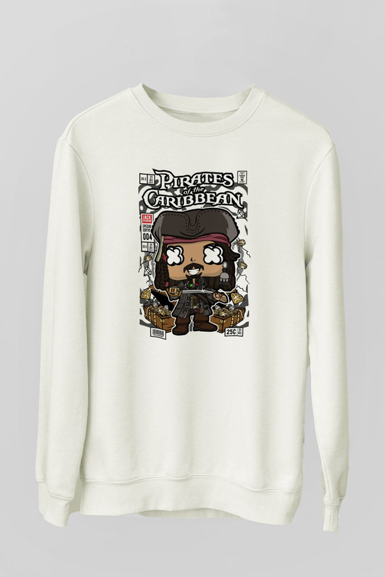 Korsan Jack Baskılı Unisex Beyaz Sweatshirt
