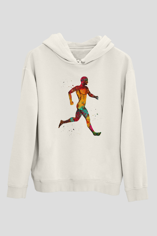 Koşan Kaslı Adam Baskılı Unisex Ekru Hoodie