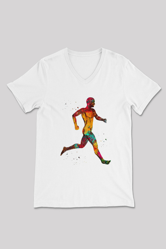 Koşan Kaslı Adam Baskılı Unisex V Yaka Beyaz Tişört - Tshirt