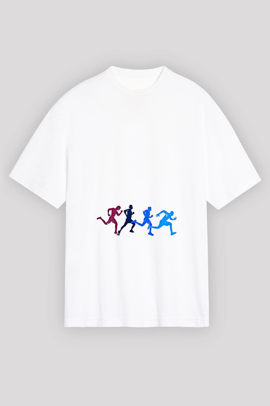 Koşu Baskılı Unisex Beyaz Oversize Tişört - Tshirt