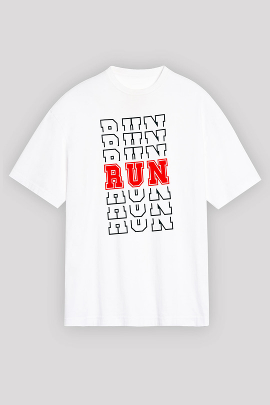 Koşu Baskılı Unisex Beyaz Oversize Tişört - Tshirt
