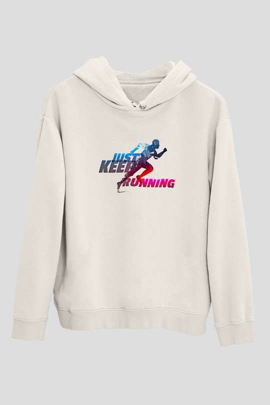 Koşu Baskılı Unisex Ekru Hoodie