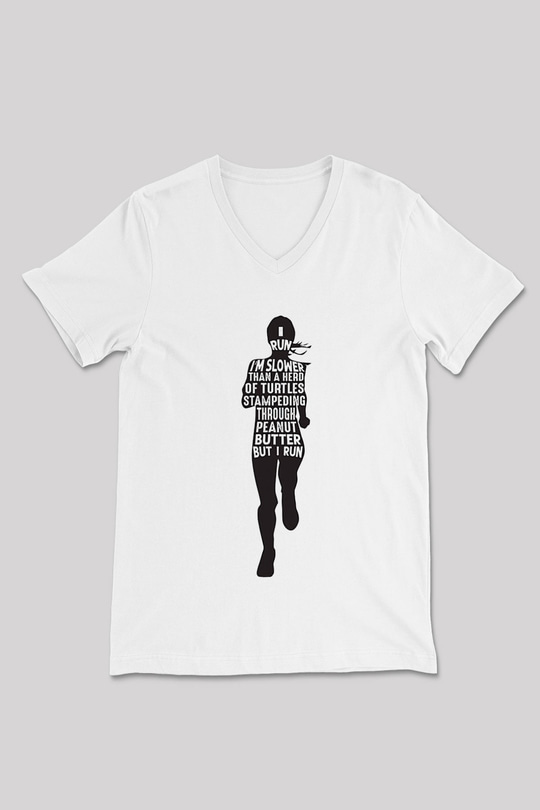 Koşu Baskılı Unisex V Yaka Tişört - Tshirt