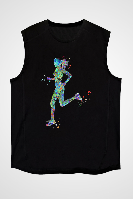 Koşu - Running Baskılı Unisex Siyah Kolsuz Tişört