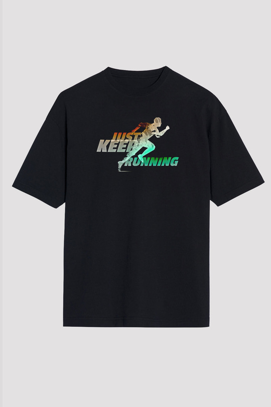 Koşu - Running Baskılı Unisex Siyah Oversize Tişört