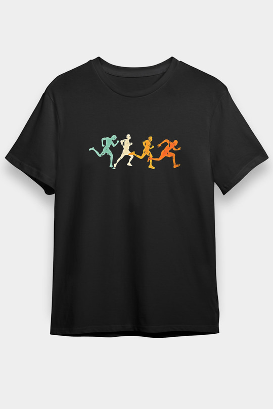 Koşu - Running Baskılı Unisex Siyah Tişört - Tshirt
