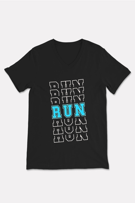 Koşu - Running Baskılı Unisex Siyah V Yaka Tişört