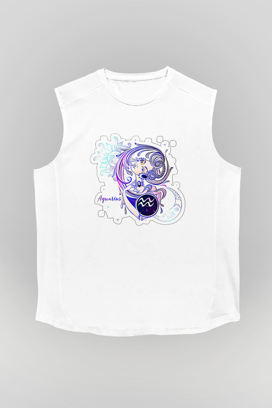 Kova Burcu Baskılı Beyaz Unisex Kolsuz Tişört - Tshirt