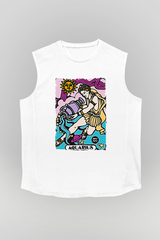 Kova Burcu Baskılı Beyaz Unisex Kolsuz Tişört - Tshirt