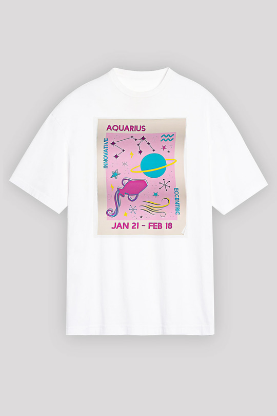 Kova Burcu Baskılı Beyaz Unisex Oversize Tişört - Tshirt