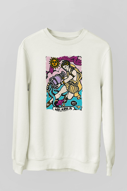 Kova Burcu Baskılı Beyaz Unisex Sweatshirt