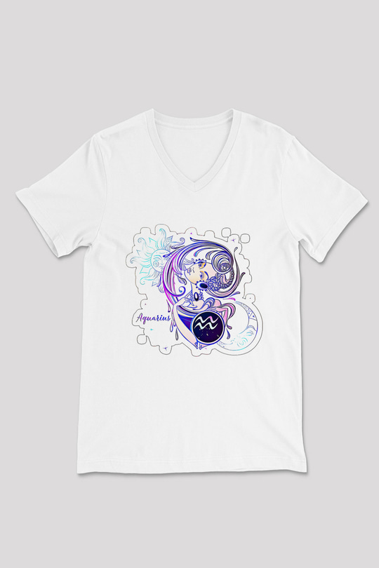 Kova Burcu Baskılı Beyaz Unisex V Yaka Tişört - Tshirt