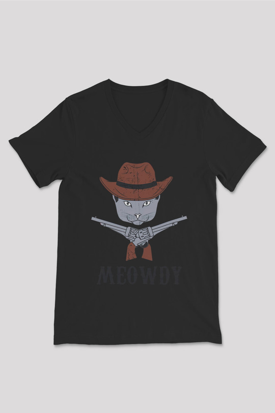 Kovboy Kedi Baskılı Unisex Siyah  V Yaka Tişört