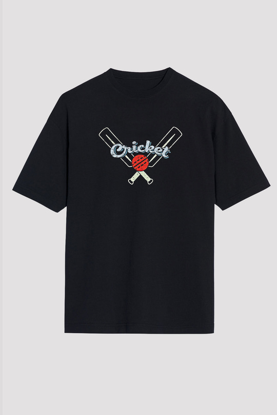 Kriket - Cricket Baskılı Unisex Siyah Oversize Tişört