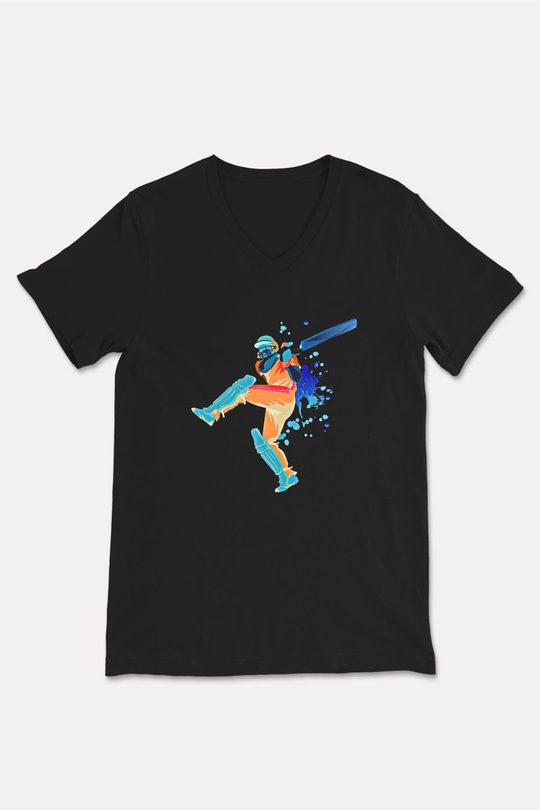 Kriket - Cricket Baskılı Unisex Siyah V Yaka Tişört