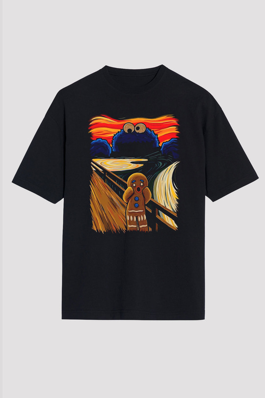 Kurabiye Canavarı Baskılı Unisex Siyah Tshirt