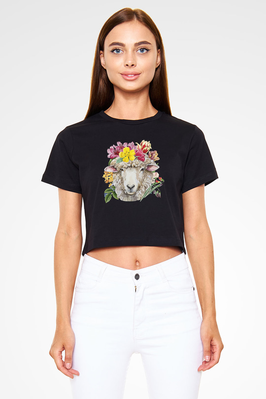 Kurban Bayramı Baskılı Siyah Crop Top Kadın Tişört - Tshirt