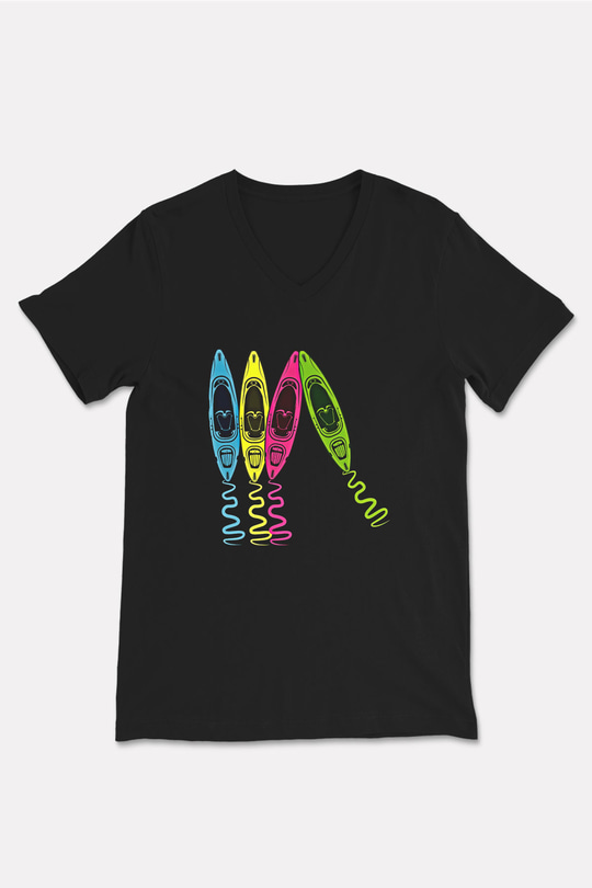 Kürek - Paddle Boarding Baskılı Unisex Siyah V Yaka Tişört