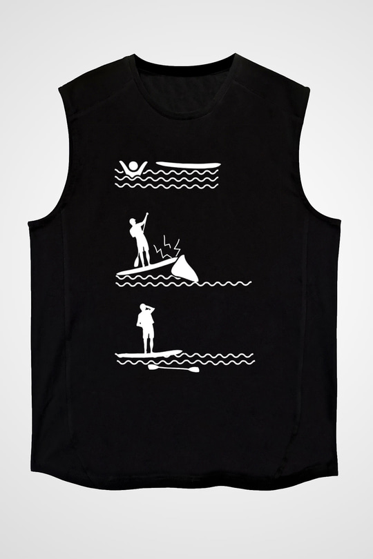 Kürek - Paddle Boarding Baskılı Unisex Siyah Kolsuz Tişört