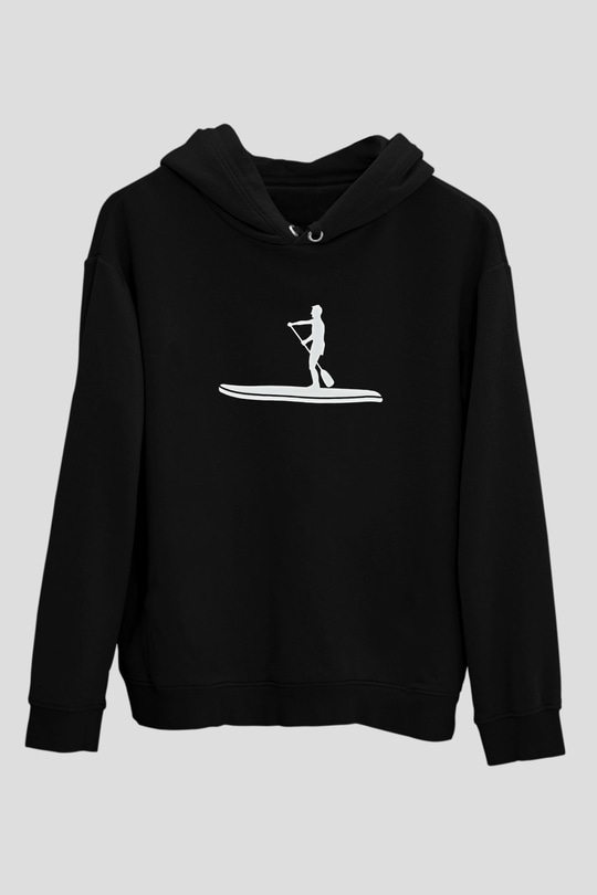 Kürek - Paddle Boarding Baskılı Unisex Siyah Kapüşonlu Sweatshirt
