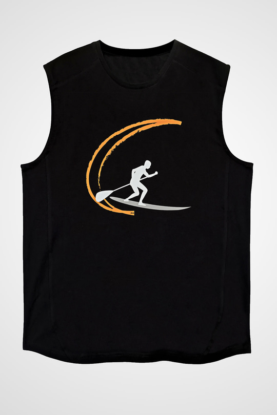 Kürek - Paddle Boarding Baskılı Unisex Siyah Kolsuz Tişört
