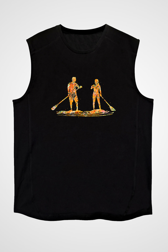 Kürek - Paddle Boarding Baskılı Unisex Siyah Kolsuz Tişört