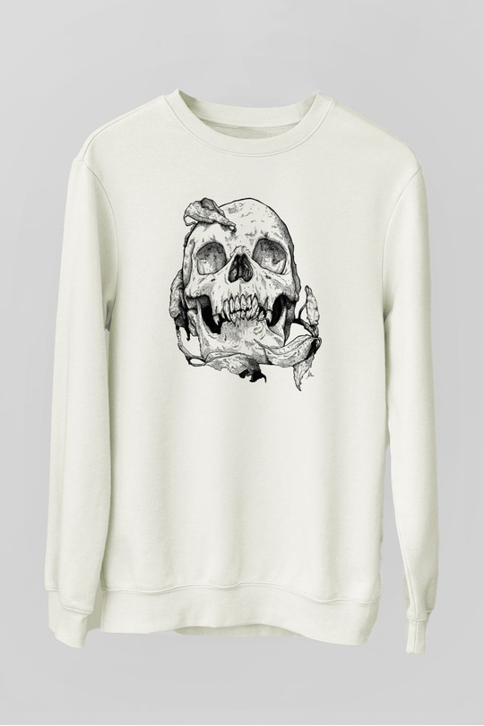 Kurukafa Baskılı Unisex Beyaz  Sweatshirt