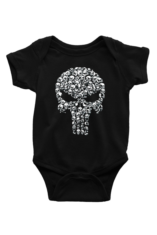 Kurukafa Punisher Baskılı Siyah  Bebek Body - Zıbın