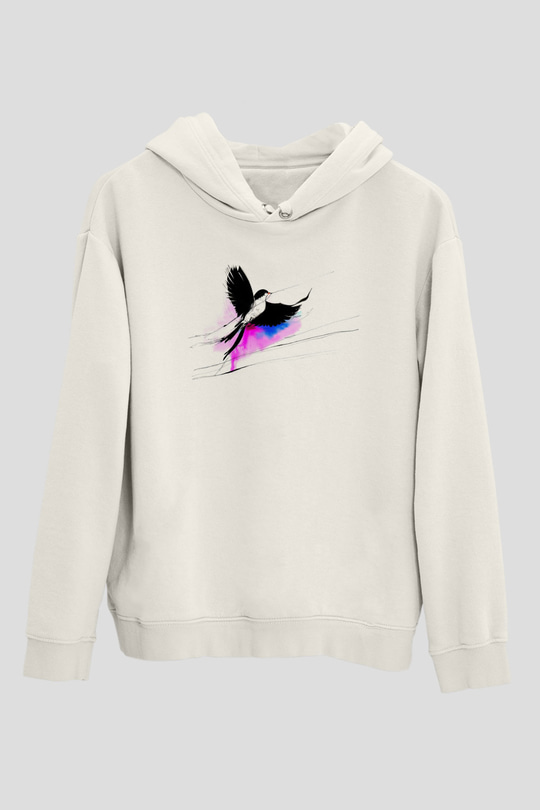 Kuş Beyaz Unisex Kapüşonlu Sweatshirt