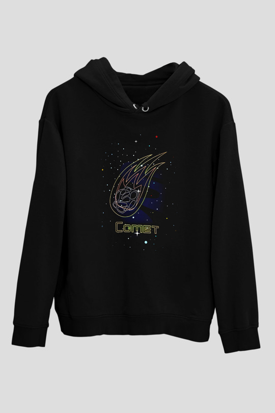 Kuyruklu Yıldız Baskılı Unisex Siyah Hoodie