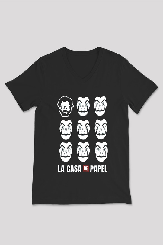 La casa de papel Siyah Unisex V Yaka Tişört T-Shirt
