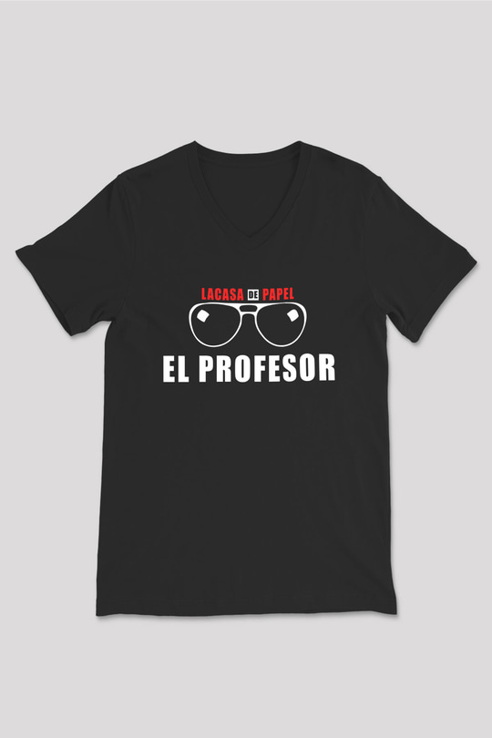 La casa de papel Siyah Unisex V Yaka Tişört T-Shirt